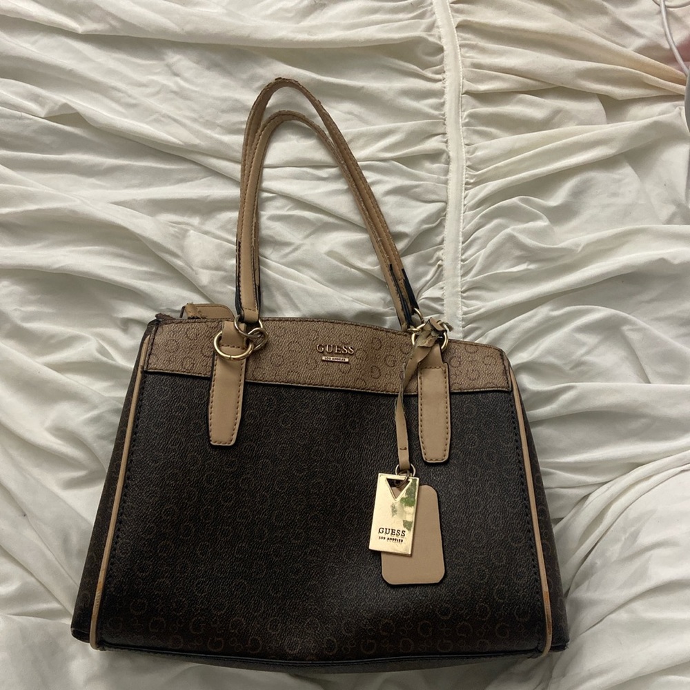 Guess Brown and Tan Leather Logo Bag/Purse